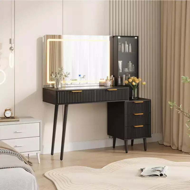 Coiffeuse avec miroir et lumières, table de maquillage cannelée de 122 cm avec plateau en verre, coiffeuse avec 5 tiroirs, commode moderne pour chambre à coucher