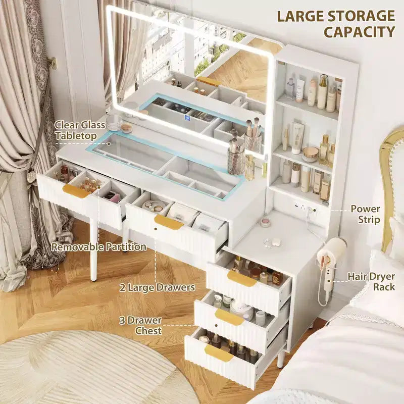 Coiffeuse avec miroir et lumières, table de maquillage cannelée de 122 cm avec plateau en verre, coiffeuse avec 5 tiroirs, commode moderne pour chambre à coucher