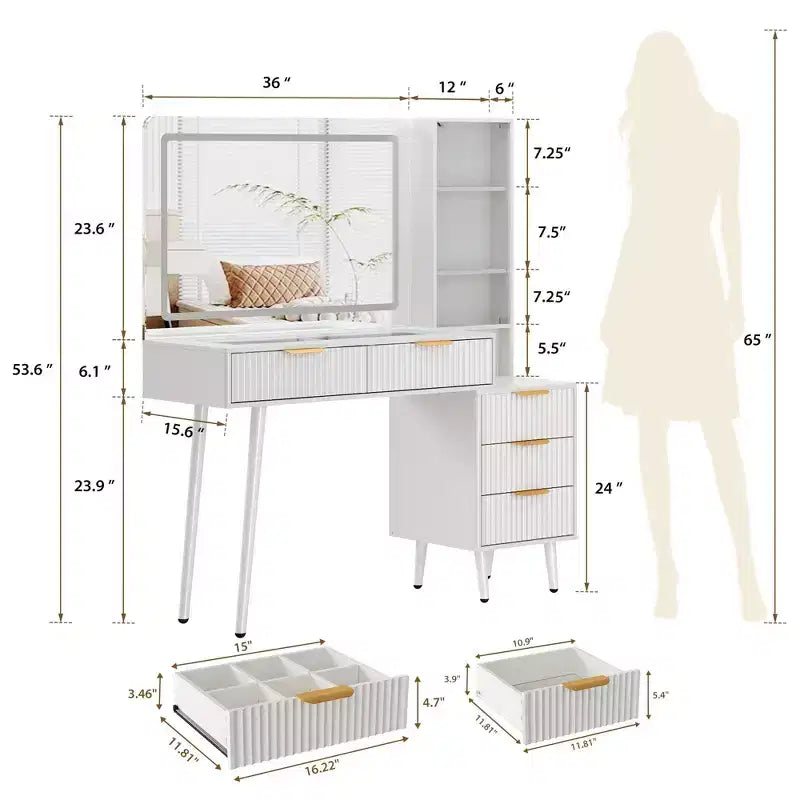 Coiffeuse avec miroir et lumières, table de maquillage cannelée de 122 cm avec plateau en verre, coiffeuse avec 5 tiroirs, commode moderne pour chambre à coucher