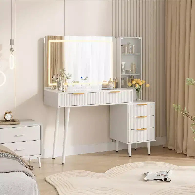 Coiffeuse avec miroir et lumières, table de maquillage cannelée de 122 cm avec plateau en verre, coiffeuse avec 5 tiroirs, commode moderne pour chambre à coucher
