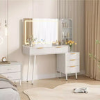 Coiffeuse avec miroir et lumières, table de maquillage cannelée de 122 cm avec plateau en verre, coiffeuse avec 5 tiroirs, commode moderne pour chambre à coucher