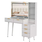 Coiffeuse avec miroir et lumières, table de maquillage cannelée de 122 cm avec plateau en verre, coiffeuse avec 5 tiroirs, commode moderne pour chambre à coucher
