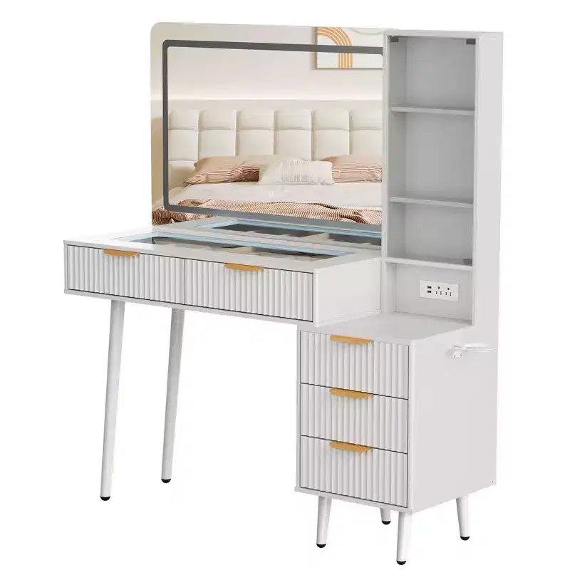 Coiffeuse avec miroir et lumières, table de maquillage cannelée de 122 cm avec plateau en verre, coiffeuse avec 5 tiroirs, commode moderne pour chambre à coucher