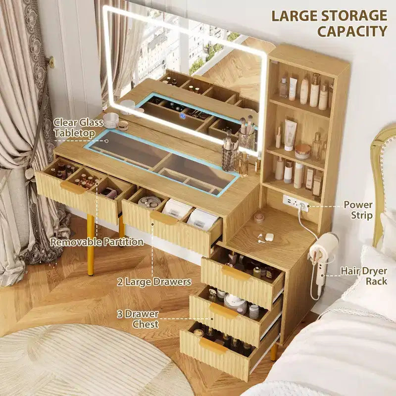 Coiffeuse avec miroir et lumières, table de maquillage cannelée de 122 cm avec plateau en verre, coiffeuse avec 5 tiroirs, commode moderne pour chambre à coucher