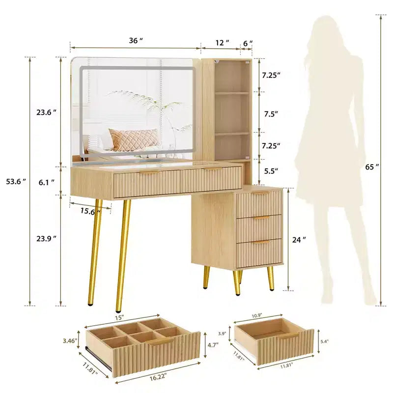 Coiffeuse avec miroir et lumières, table de maquillage cannelée de 122 cm avec plateau en verre, coiffeuse avec 5 tiroirs, commode moderne pour chambre à coucher