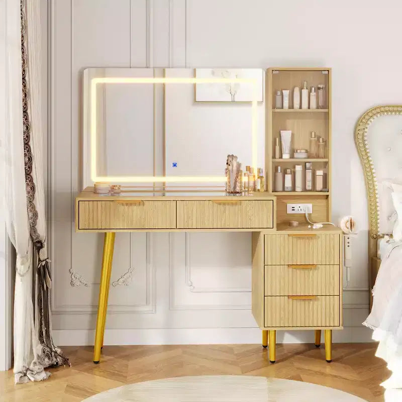 Coiffeuse avec miroir et lumières, table de maquillage cannelée de 122 cm avec plateau en verre, coiffeuse avec 5 tiroirs, commode moderne pour chambre à coucher