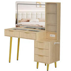 Coiffeuse avec miroir et lumières, table de maquillage cannelée de 122 cm avec plateau en verre, coiffeuse avec 5 tiroirs, commode moderne pour chambre à coucher