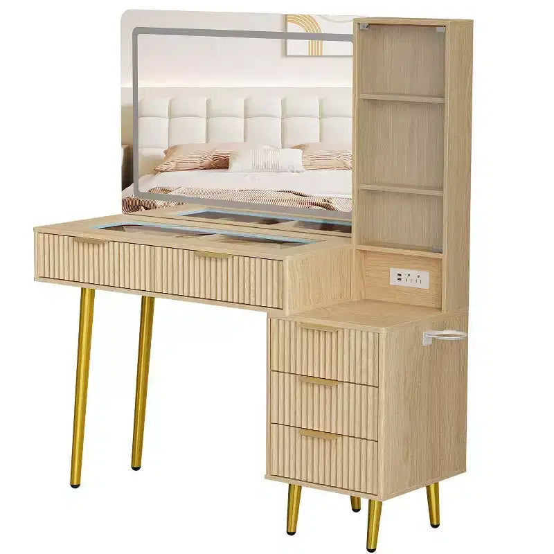 Coiffeuse avec miroir et lumières, table de maquillage cannelée de 122 cm avec plateau en verre, coiffeuse avec 5 tiroirs, commode moderne pour chambre à coucher