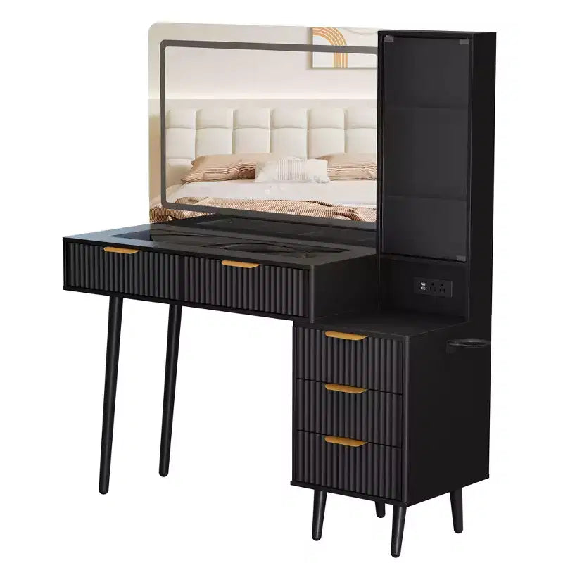 Coiffeuse avec miroir et lumières, table de maquillage cannelée de 122 cm avec plateau en verre, coiffeuse avec 5 tiroirs, commode moderne pour chambre à coucher