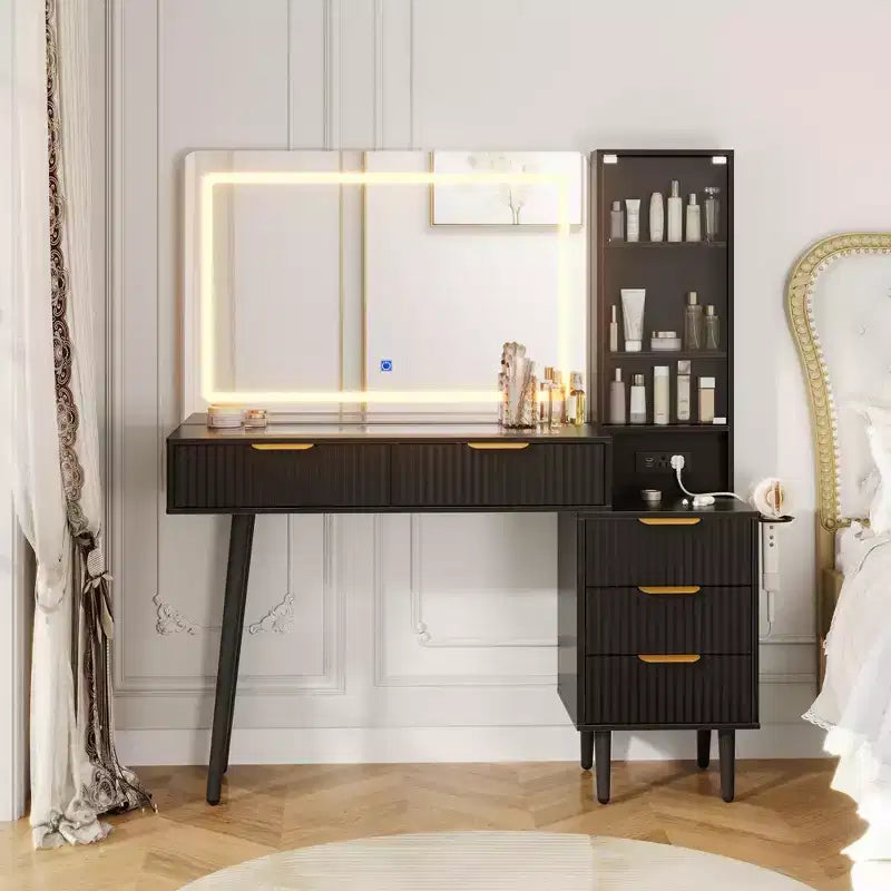 Coiffeuse avec miroir et lumières, table de maquillage cannelée de 122 cm avec plateau en verre, coiffeuse avec 5 tiroirs, commode moderne pour chambre à coucher