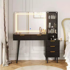 Coiffeuse avec miroir et lumières, table de maquillage cannelée de 122 cm avec plateau en verre, coiffeuse avec 5 tiroirs, commode moderne pour chambre à coucher