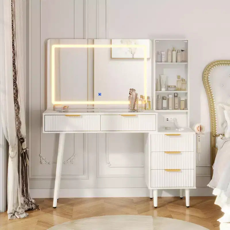 Coiffeuse avec miroir et lumières, table de maquillage cannelée de 122 cm avec plateau en verre, coiffeuse avec 5 tiroirs, commode moderne pour chambre à coucher