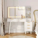 Coiffeuse avec miroir et lumières, table de maquillage cannelée de 122 cm avec plateau en verre, coiffeuse avec 5 tiroirs, commode moderne pour chambre à coucher