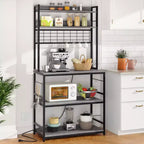Celebalcony Bakers Rack with Power Outlet, Large Storage Space, 10 Hooks Coffee Bar with Metal Wire Panel, High Microwave Stand