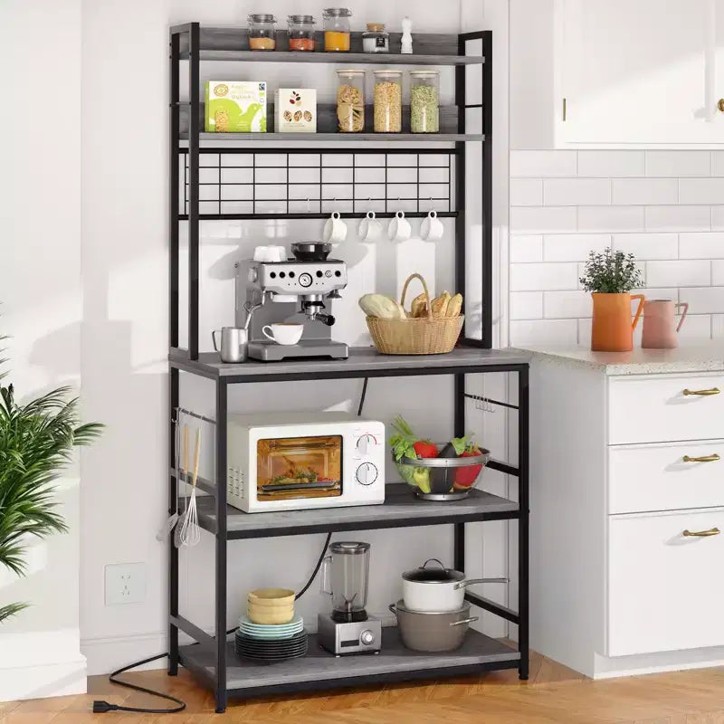 Celebalcony Bakers Rack with Power Outlet, Large Storage Space, 10 Hooks Coffee Bar with Metal Wire Panel, High Microwave Stand