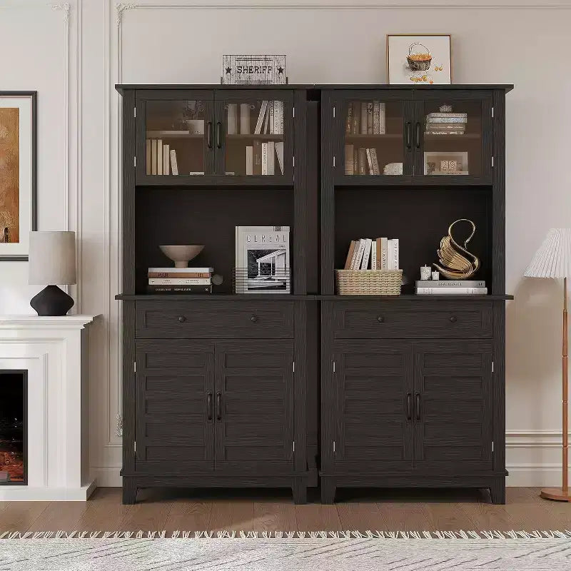 Meuble de cuisine de 183 cm de haut avec portes vitrées et tiroir, étagères réglables, pour salle à manger et salon, noir