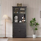 Meuble de cuisine de 183 cm de haut avec portes vitrées et tiroir, étagères réglables, pour salle à manger et salon, noir
