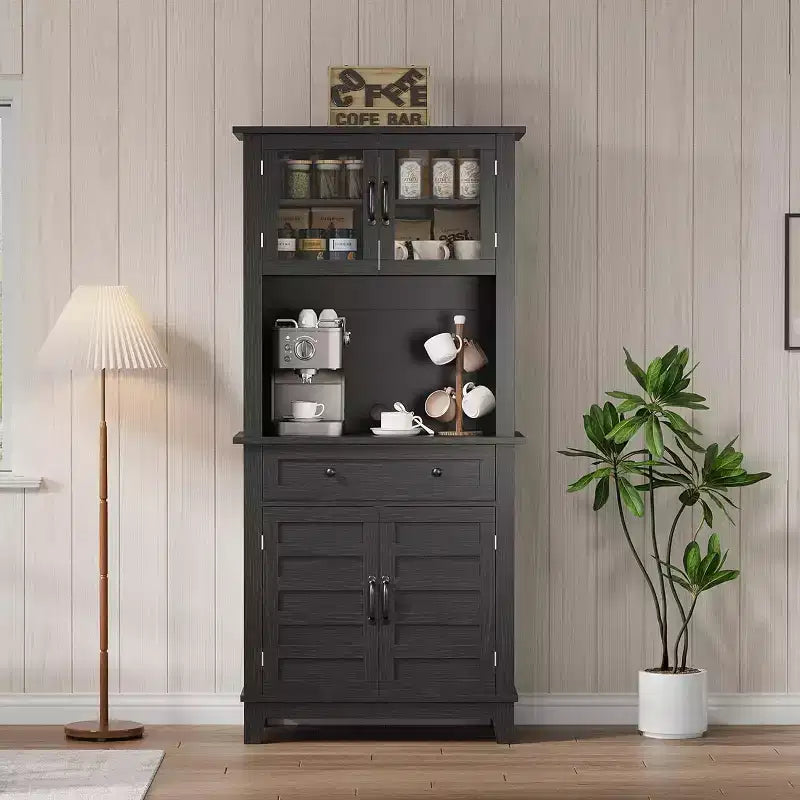 Meuble de cuisine de 183 cm de haut avec portes vitrées et tiroir, étagères réglables, pour salle à manger et salon, noir
