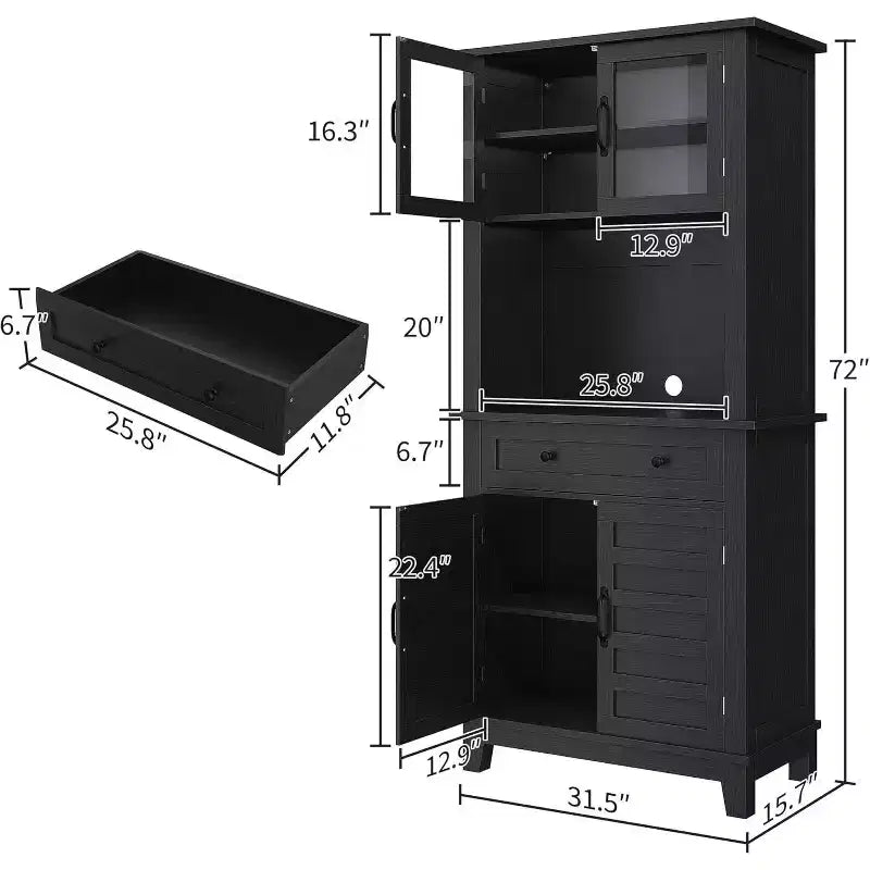 Meuble de cuisine de 183 cm de haut avec portes vitrées et tiroir, étagères réglables, pour salle à manger et salon, noir