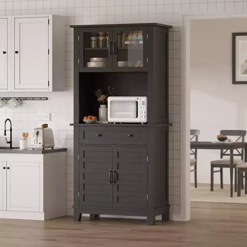 Meuble de cuisine de 183 cm de haut avec portes vitrées et tiroir, étagères réglables, pour salle à manger et salon, noir