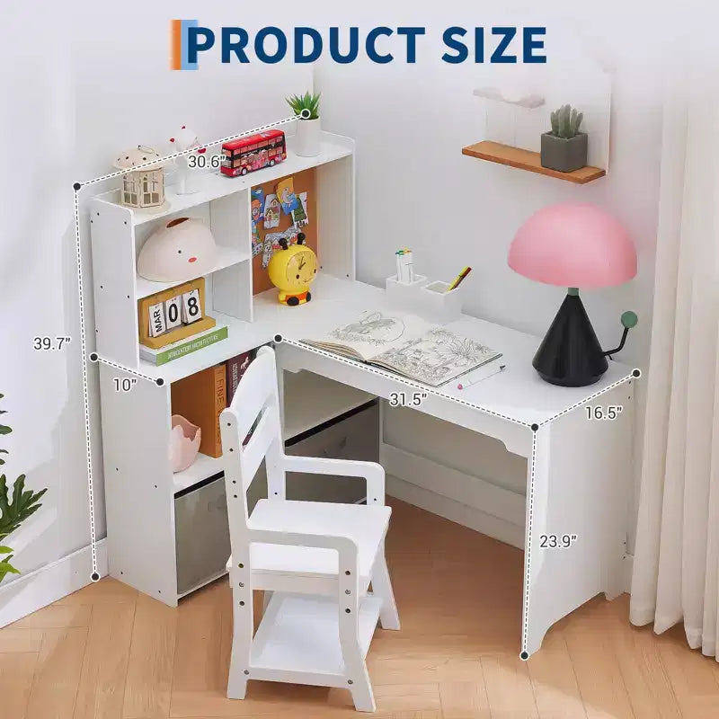 Bureau d'angle pour enfants, ensemble bureau et chaise pour enfants, table d'étude en forme de L pour enfants, tableau d'affichage, étagères ouvertes et armoires de rangement et tiroirs en tissu, blanc