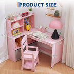 Bureau d'angle pour enfants, ensemble bureau et chaise pour enfants, table d'étude en forme de L pour enfants, tableau d'affichage, étagères ouvertes et armoires de rangement et tiroirs en tissu, blanc