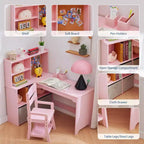 Bureau d'angle pour enfants, ensemble bureau et chaise pour enfants, table d'étude en forme de L pour enfants, tableau d'affichage, étagères ouvertes et armoires de rangement et tiroirs en tissu, blanc