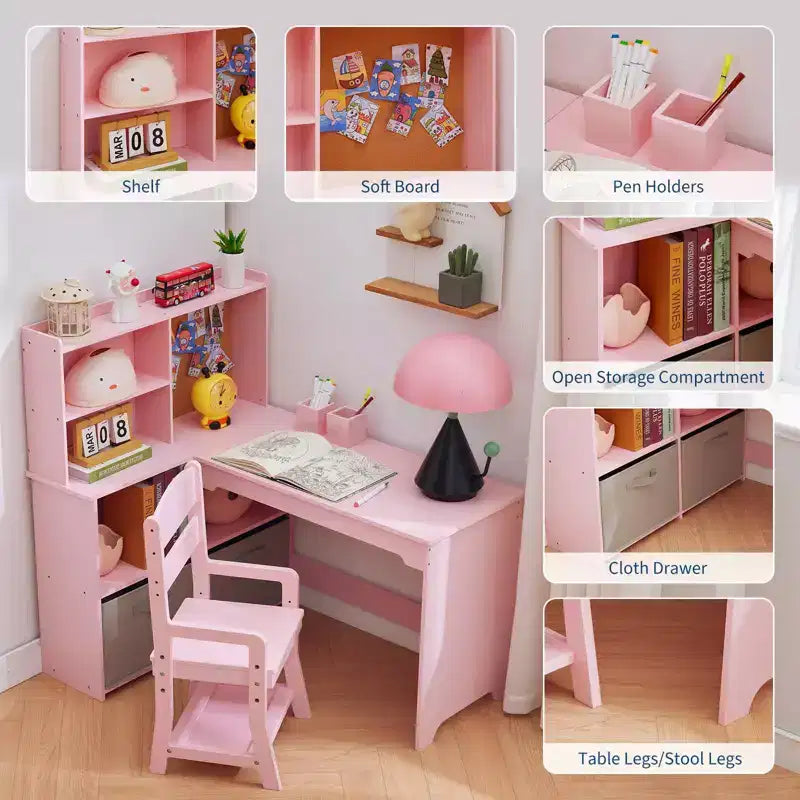 Bureau d'angle pour enfants, ensemble bureau et chaise pour enfants, table d'étude en forme de L pour enfants, tableau d'affichage, étagères ouvertes et armoires de rangement et tiroirs en tissu, blanc