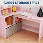 Bureau d'angle pour enfants, ensemble bureau et chaise pour enfants, table d'étude en forme de L pour enfants, tableau d'affichage, étagères ouvertes et armoires de rangement et tiroirs en tissu, blanc