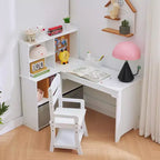 Bureau d'angle pour enfants, ensemble bureau et chaise pour enfants, table d'étude en forme de L pour enfants, tableau d'affichage, étagères ouvertes et armoires de rangement et tiroirs en tissu, blanc