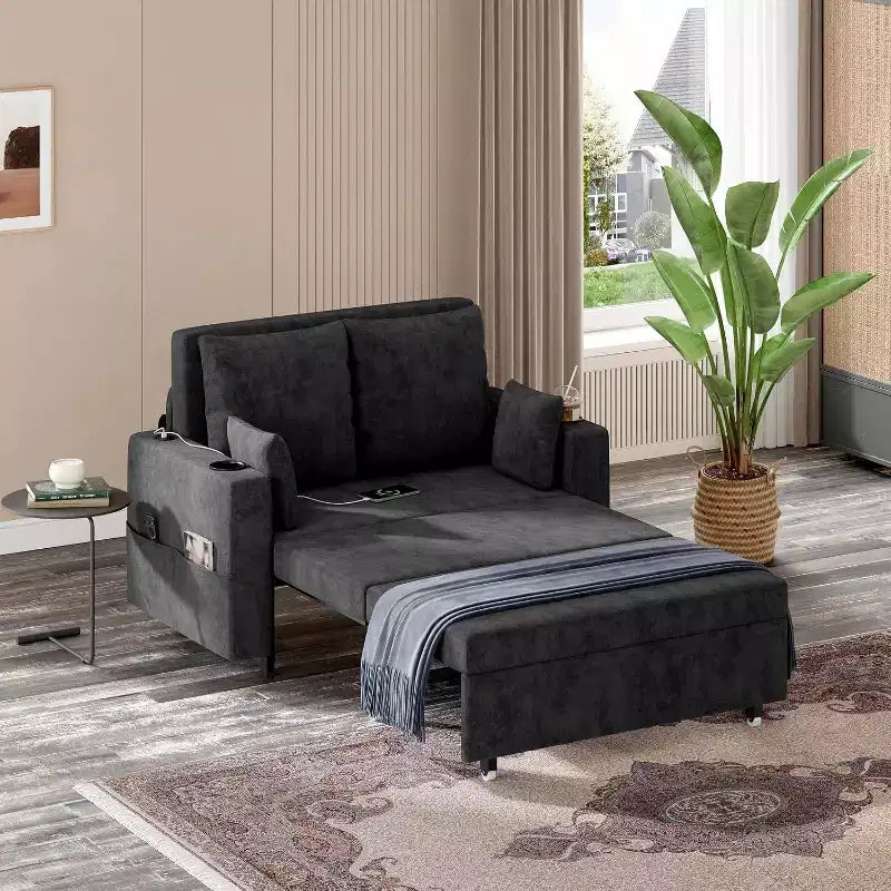 Causeuse convertible 3-en-1, canapé-lit de 142 cm avec porte-gobelets et ports USB, canapé-lit double pour petits espaces, supporte 450 kg, tissu noir