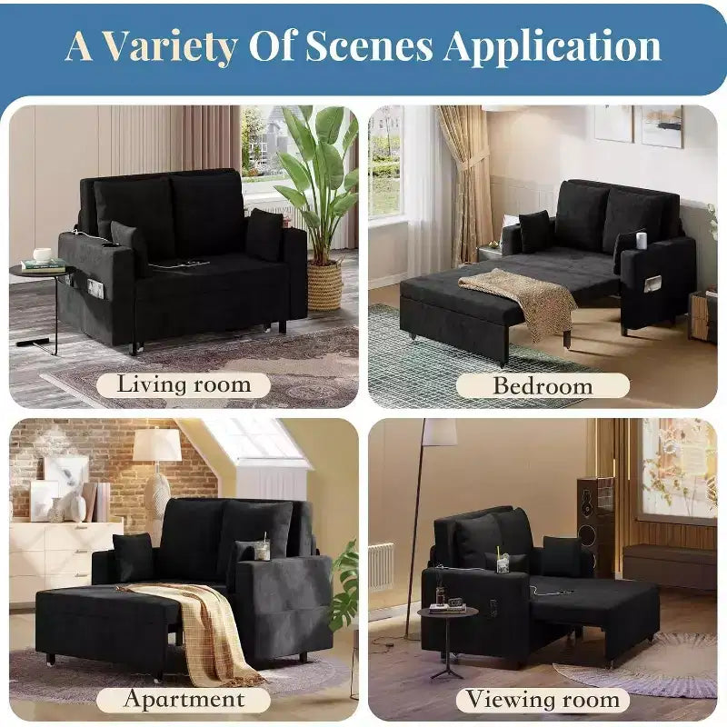 Causeuse convertible 3-en-1, canapé-lit de 142 cm avec porte-gobelets et ports USB, canapé-lit double pour petits espaces, supporte 450 kg, tissu noir