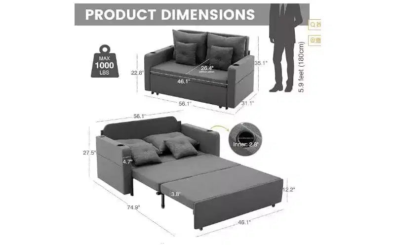 Causeuse convertible 3-en-1, canapé-lit de 142 cm avec porte-gobelets et ports USB, canapé-lit double pour petits espaces, supporte 450 kg, tissu noir