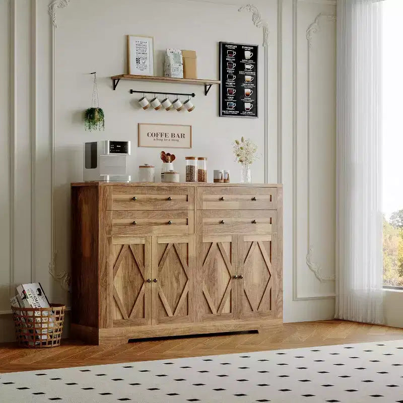 Meuble de rangement avec 4 tiroirs et 4 portes, adapté aux salles à manger et salons