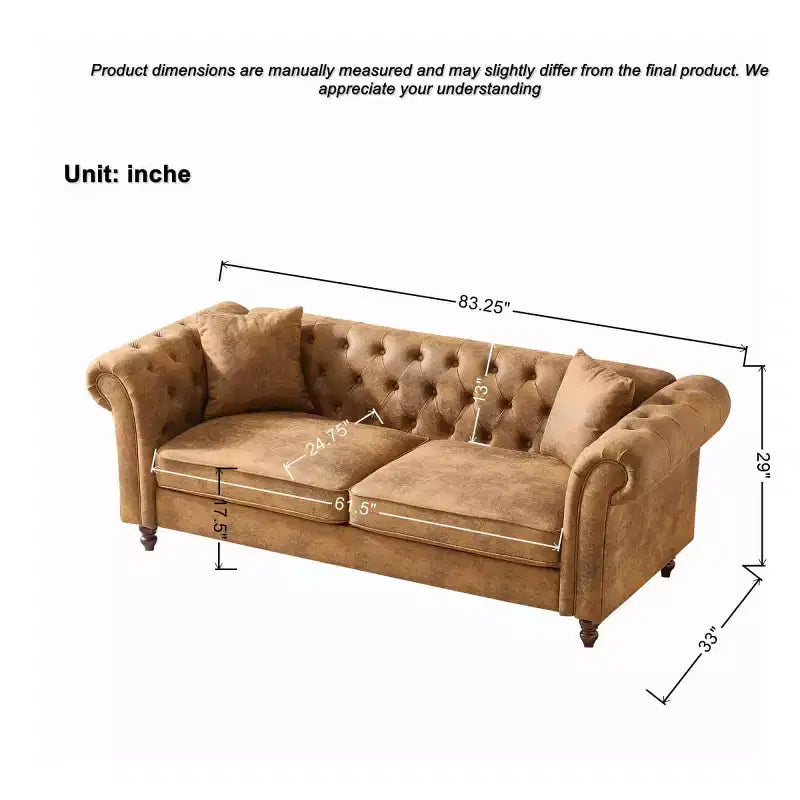 Canapé Chesterfield traditionnel 3 places avec accoudoirs roulés et cadre en bois, canapé d'appoint en similicuir pour salon ou pièce de vie - Panipeachy