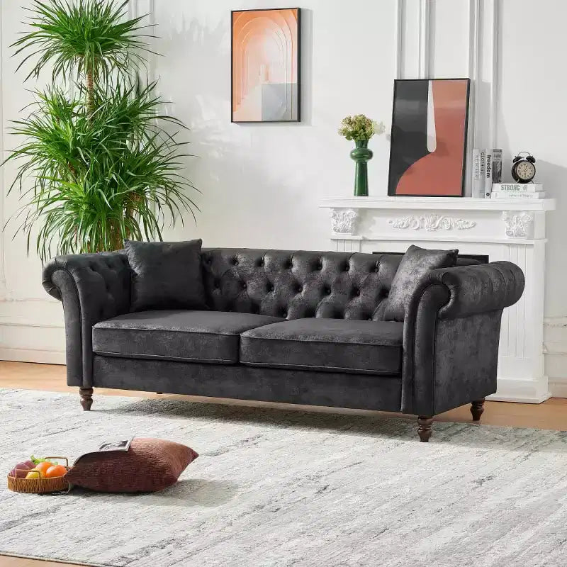 Canapé Chesterfield traditionnel 3 places avec accoudoirs roulés et cadre en bois, canapé d'appoint en similicuir pour salon ou pièce de vie - Panipeachy