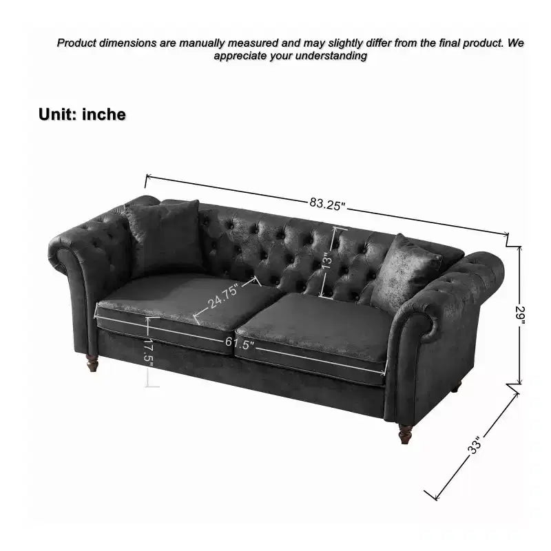 Canapé Chesterfield traditionnel 3 places avec accoudoirs roulés et cadre en bois, canapé d'appoint en similicuir pour salon ou pièce de vie - Panipeachy