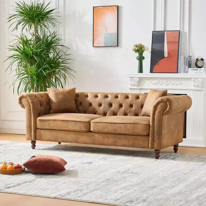 Canapé Chesterfield traditionnel 3 places avec accoudoirs roulés et cadre en bois, canapé d'appoint en similicuir pour salon ou pièce de vie - Panipeachy