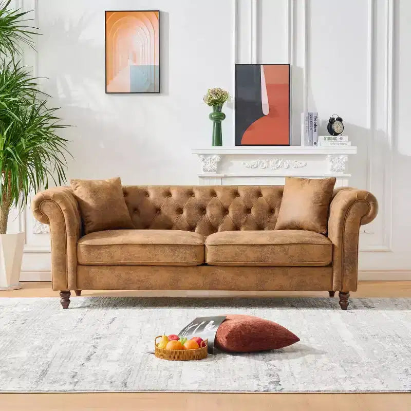 Canapé Chesterfield traditionnel 3 places avec accoudoirs roulés et cadre en bois, canapé d'appoint en similicuir pour salon ou pièce de vie - Panipeachy