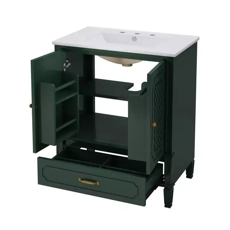 Meuble de salle de bain 76 cm avec lavabo intégré, Meuble de rangement de salle de bain avec tiroirs et étagère de porte, Meuble de salle de bain simple vasque