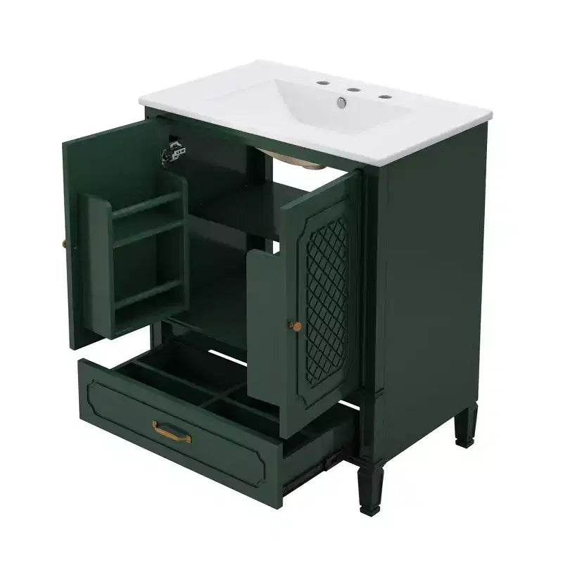 Meuble de salle de bain 76 cm avec lavabo intégré, Meuble de rangement de salle de bain avec tiroirs et étagère de porte, Meuble de salle de bain simple vasque