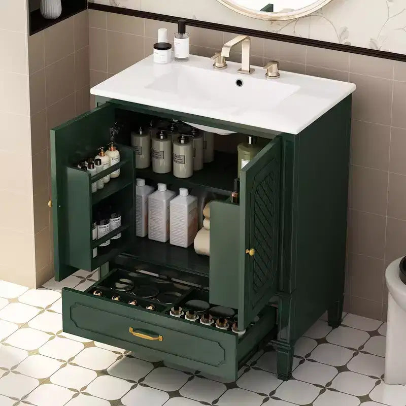 Meuble de salle de bain 76 cm avec lavabo intégré, Meuble de rangement de salle de bain avec tiroirs et étagère de porte, Meuble de salle de bain simple vasque