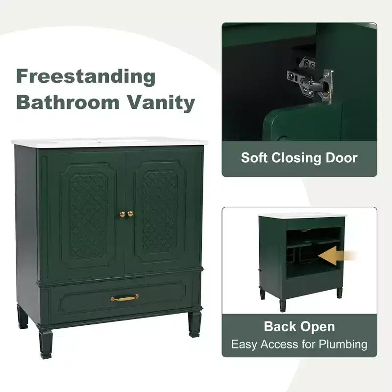 Meuble de salle de bain 76 cm avec lavabo intégré, Meuble de rangement de salle de bain avec tiroirs et étagère de porte, Meuble de salle de bain simple vasque
