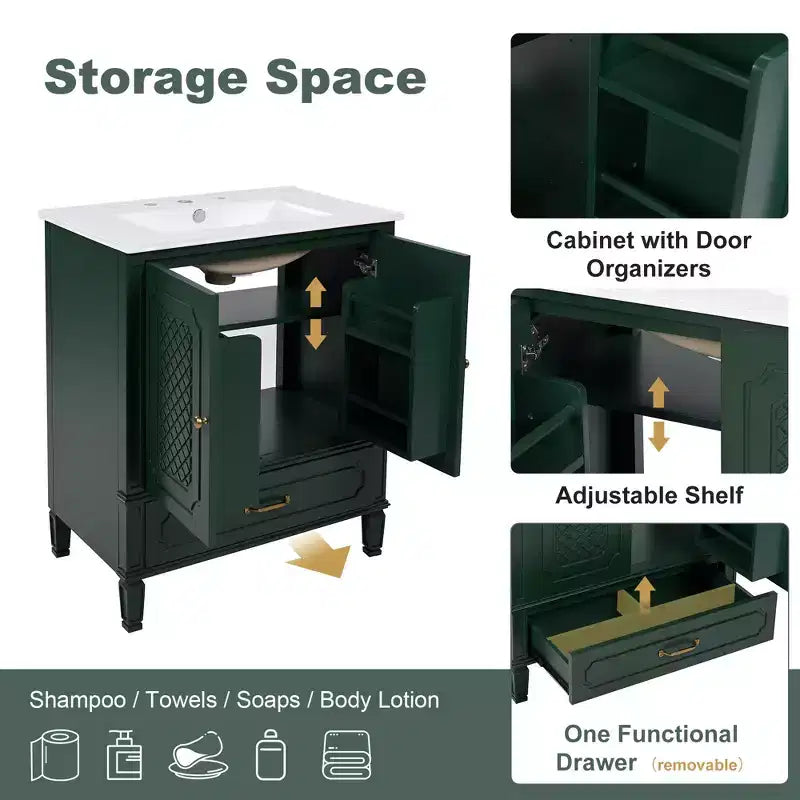 Meuble de salle de bain 76 cm avec lavabo intégré, Meuble de rangement de salle de bain avec tiroirs et étagère de porte, Meuble de salle de bain simple vasque
