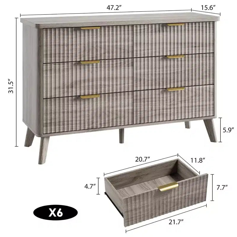 Commode cannelée à 6 tiroirs, meuble de rangement au design ondulé en panneaux de particules et MDF