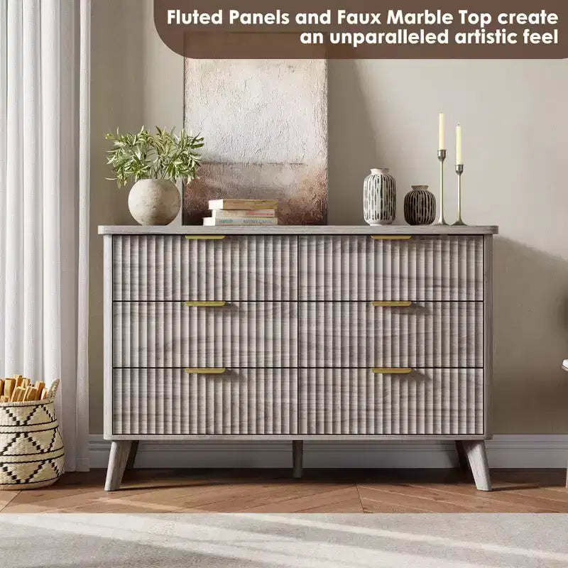 Commode cannelée à 6 tiroirs, meuble de rangement au design ondulé en panneaux de particules et MDF