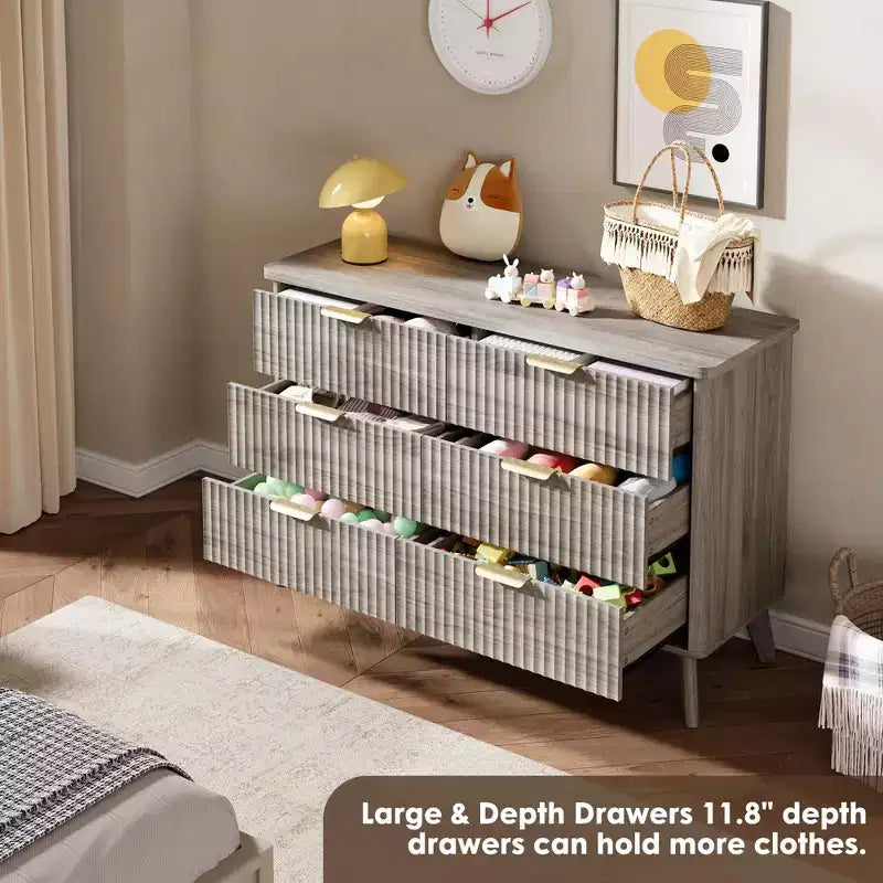 Commode cannelée à 6 tiroirs, meuble de rangement au design ondulé en panneaux de particules et MDF