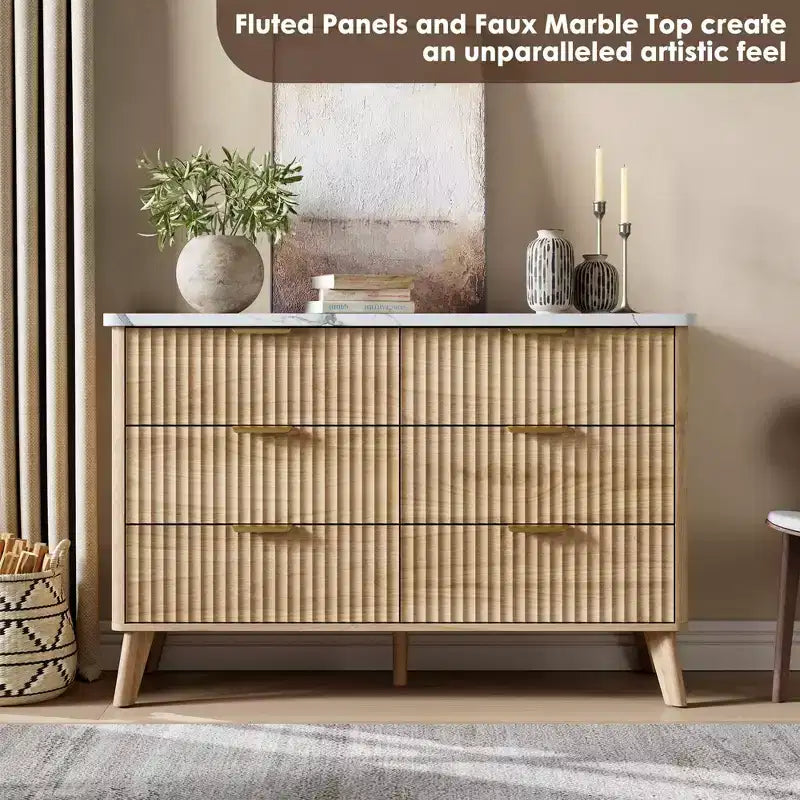 Commode cannelée à 6 tiroirs, meuble de rangement au design ondulé en panneaux de particules et MDF