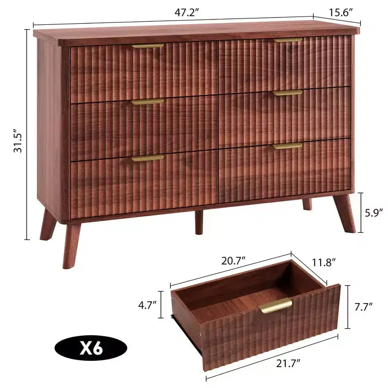 Commode cannelée à 6 tiroirs, meuble de rangement au design ondulé en panneaux de particules et MDF