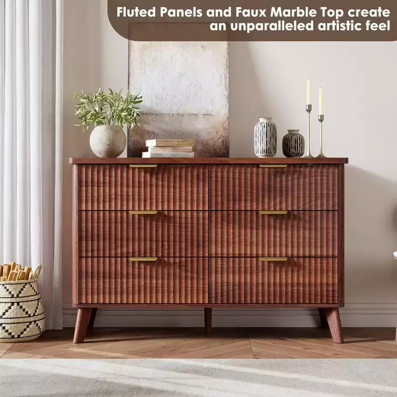 Commode cannelée à 6 tiroirs, meuble de rangement au design ondulé en panneaux de particules et MDF